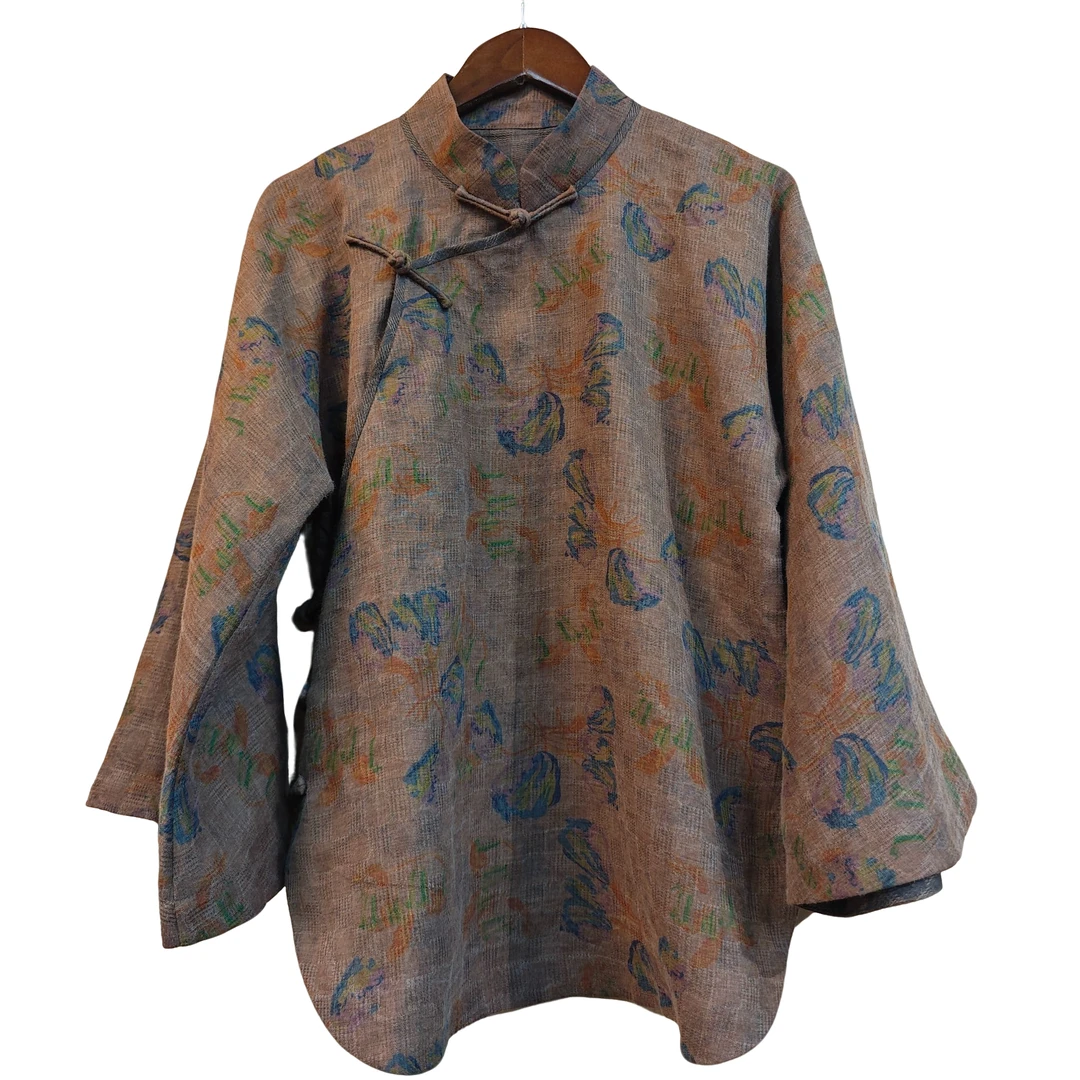 咖色叶子花上衣，香云纱麻，面料透气