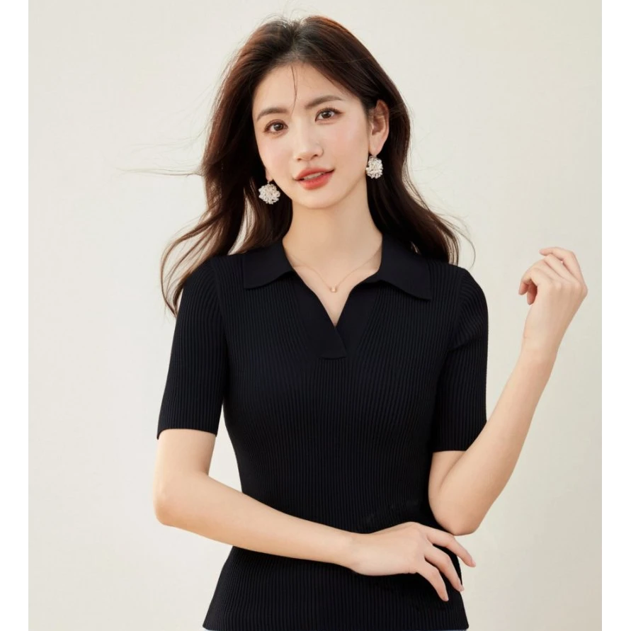 女士Polo针织短袖T恤通勤夏季法式薄款细坑条修身8243