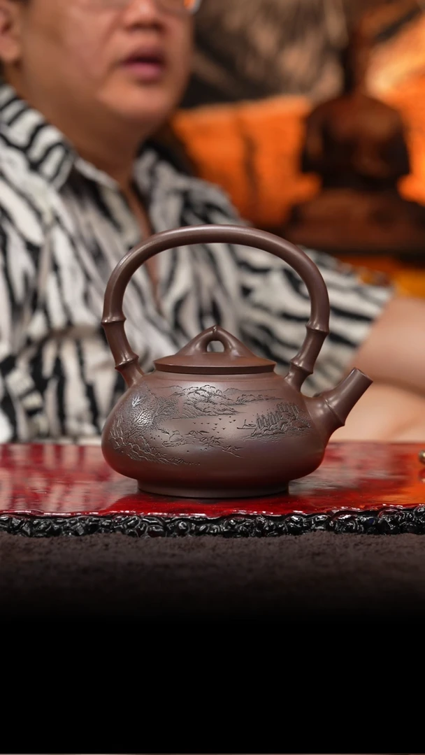 茶壶紫砂天*61  6竹段石瓢提梁,FXF,大生古天青