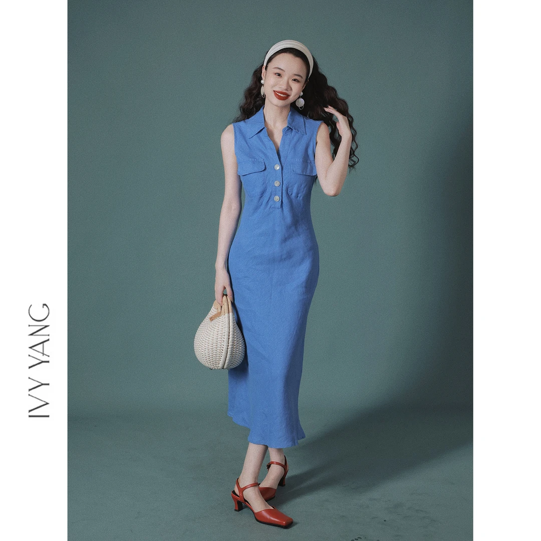 IVY YANG全麻V领收腰无袖翻领连衣裙