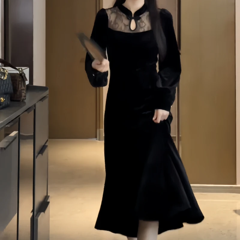 法式长袖丝绒连衣裙气质女装高级感秋季长裙新中式复古收腰显瘦裙