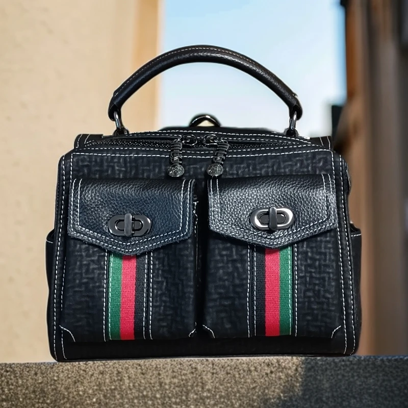 2025包包新款真皮黑色波士顿枕头包时尚复古斜挎包手提包牛皮百搭