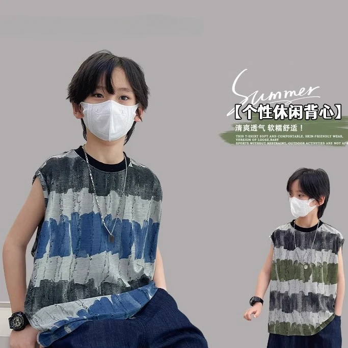 男童背心夏季薄款儿童条纹无袖T恤夏装上衣2025新款男孩坎肩