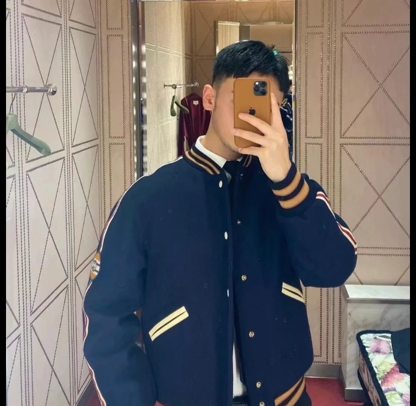 99新 GUCCI/古驰 EM0150 深蓝色条纹徽标排球服夹克外套 48 M码