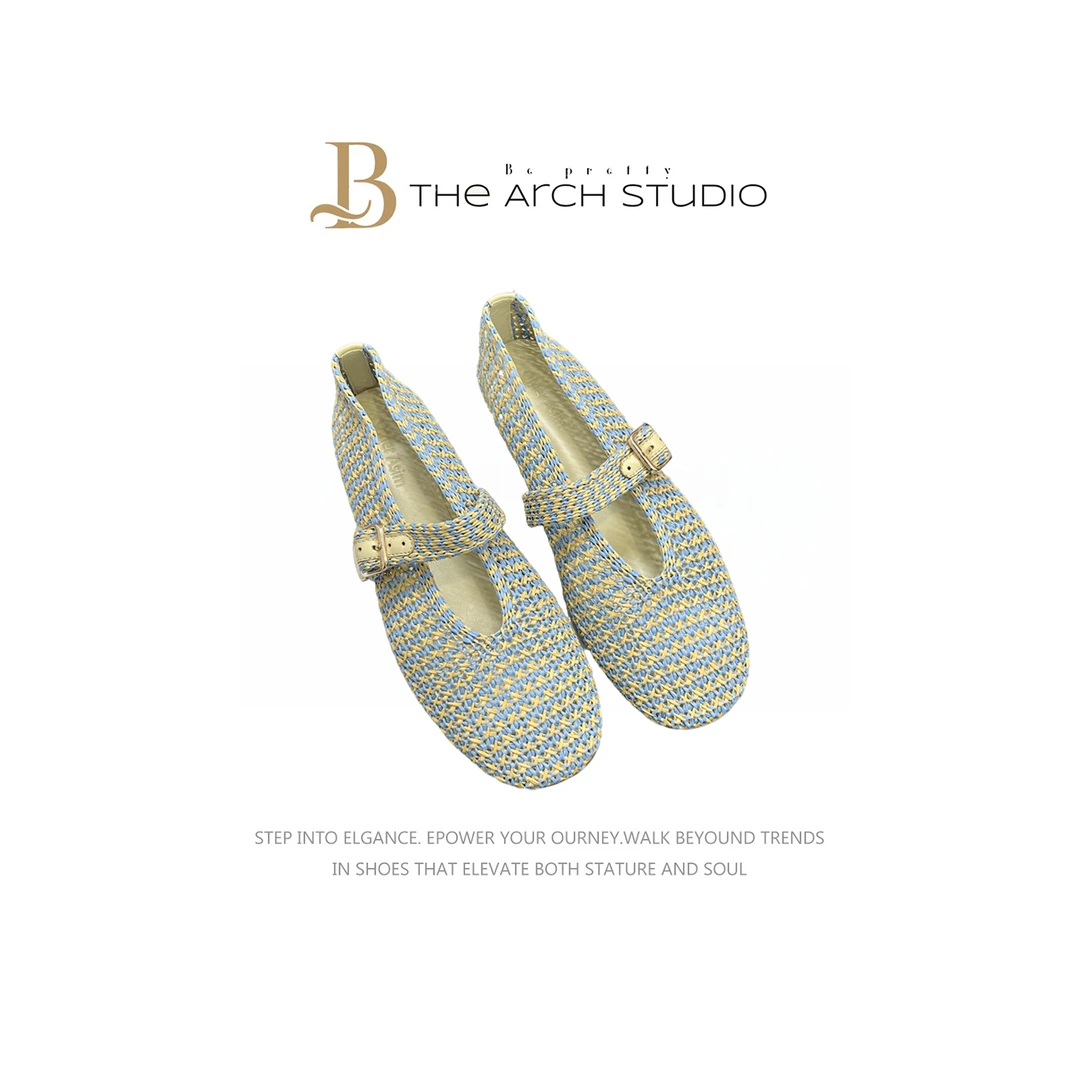 【TAS】拉菲草一字扣玛丽珍鞋镂空透气编织单鞋夏季平底芭蕾舞鞋