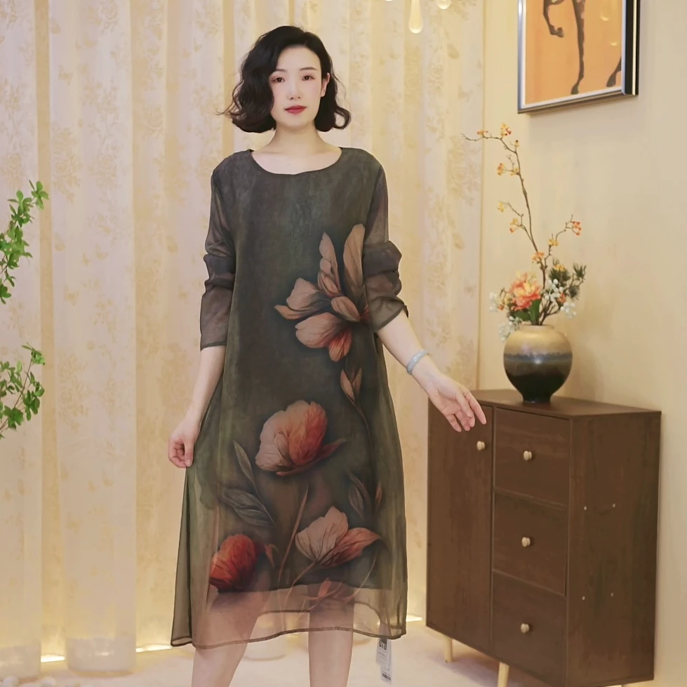 2573绿色.桑蚕丝/设计款2025年早春新款时尚百搭宽松款显瘦连衣裙