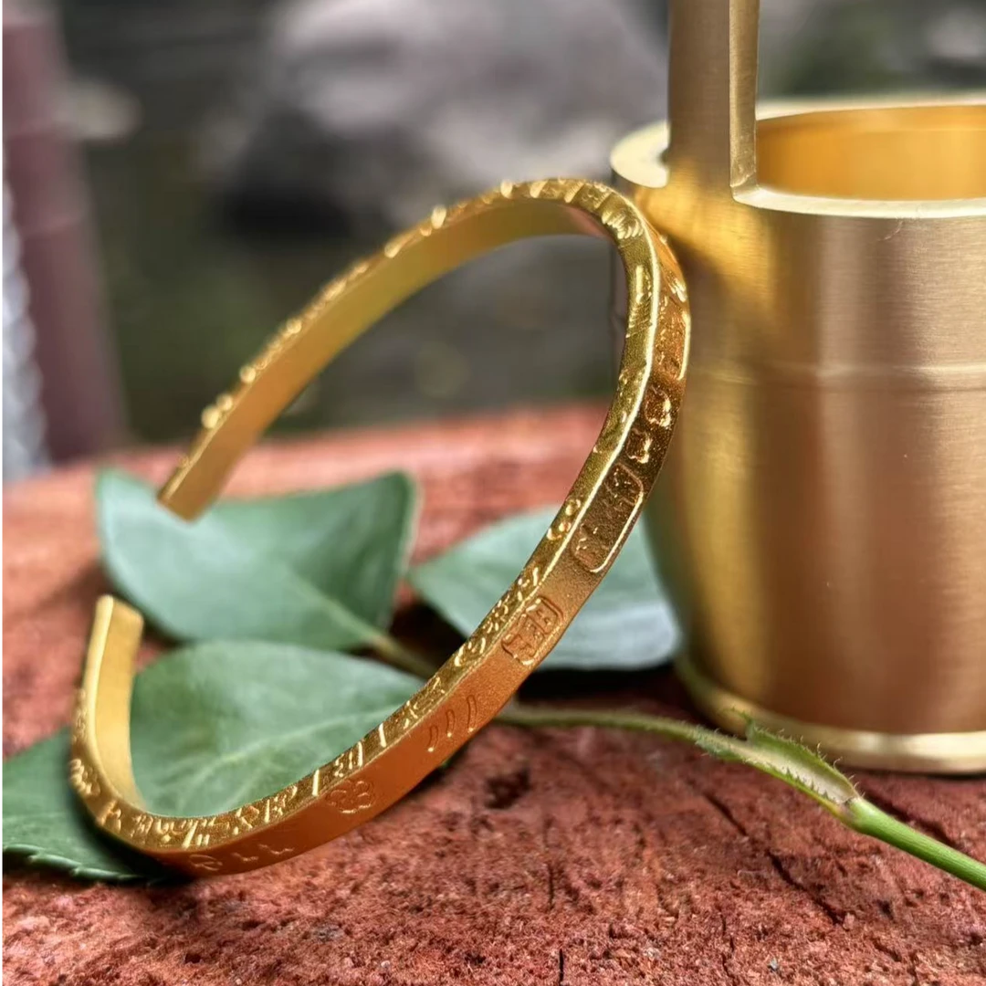 铜合金手镯 吉言四方开口手镯时尚气质轻奢金色古法磨砂百搭手工