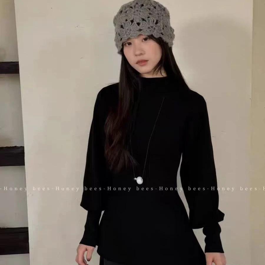 韩版chic简约气质半高领收腰显瘦针织衫2025秋冬内搭打底长袖上衣