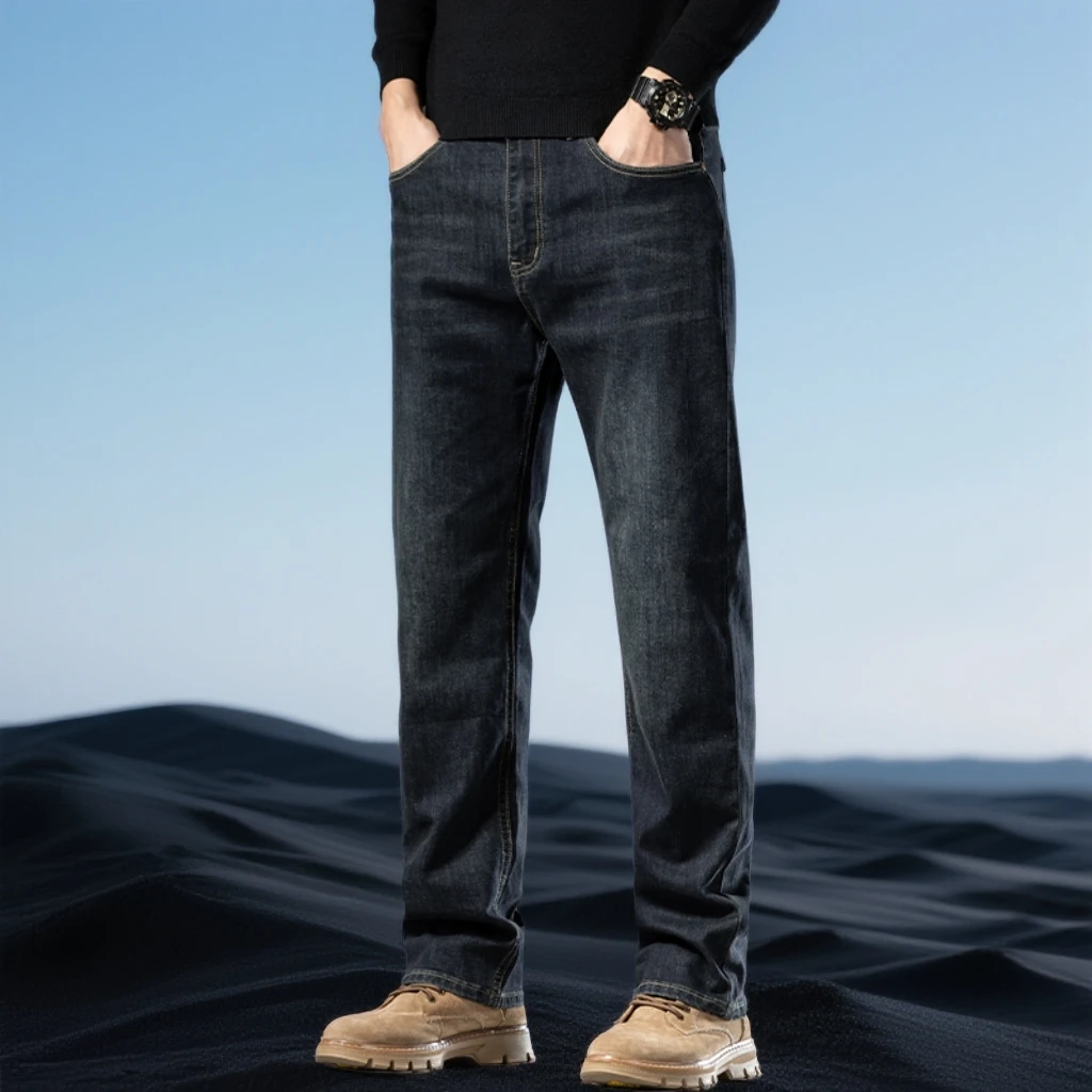 巴赛娜缇冬季加绒加厚牛仔裤男士直筒宽松一体绒裤子新款秋冬款潮