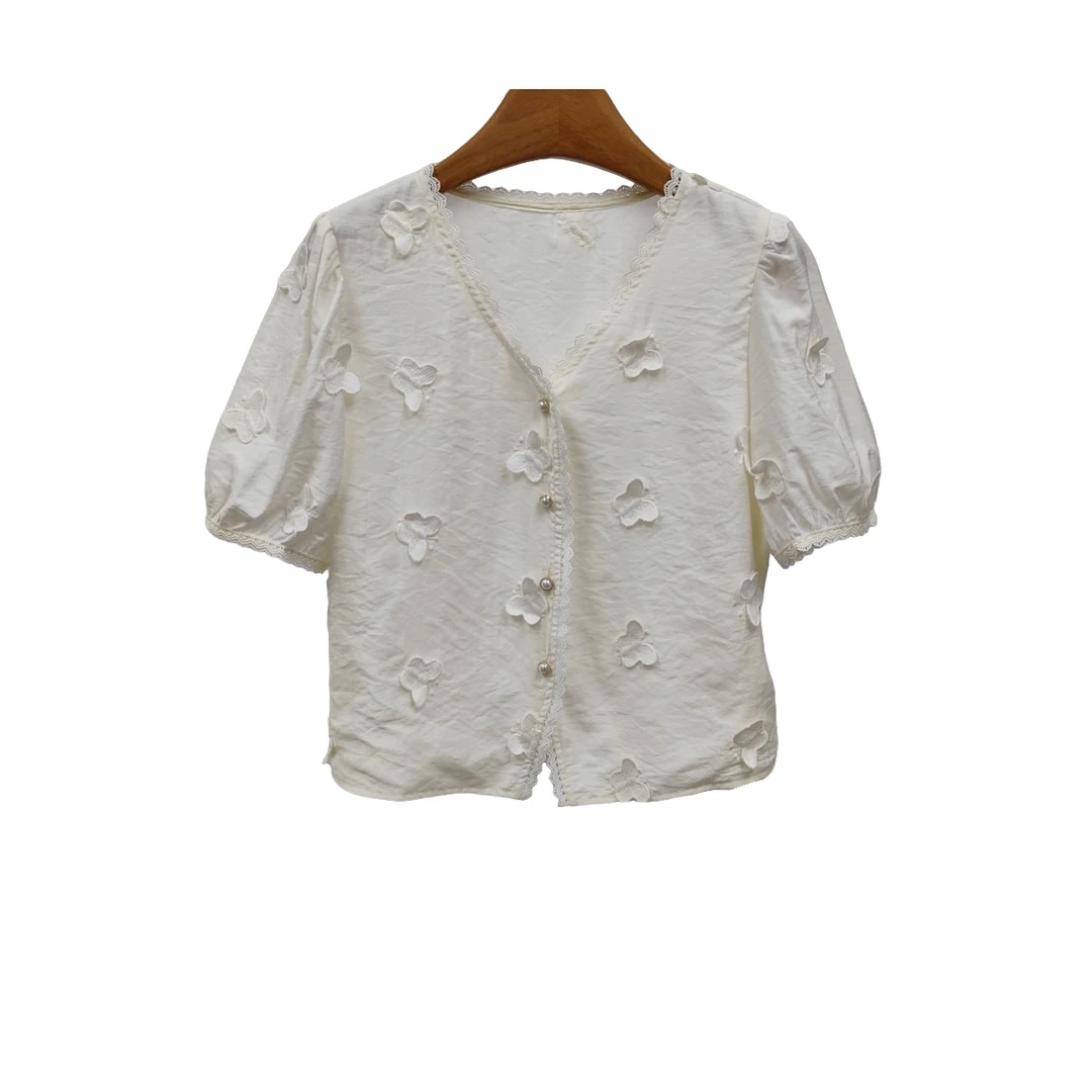 YITONG/倚桐2025夏季时尚V领开衫刺绣蝴蝶上衣（S5422908）