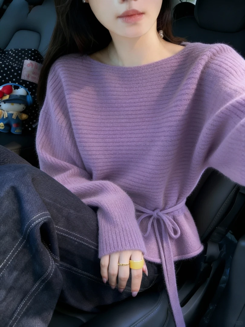 韩系氛围感独特漂亮上衣宽松显瘦多巴胺紫色系带套头长袖毛衣女潮