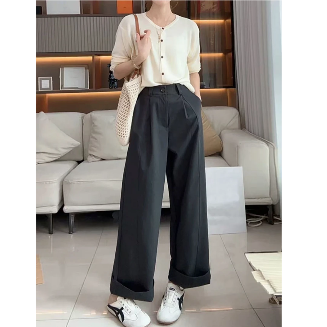 秋季2025新款女装立体剪裁长裤高腰垂感阔腿裤直筒休闲裤子女