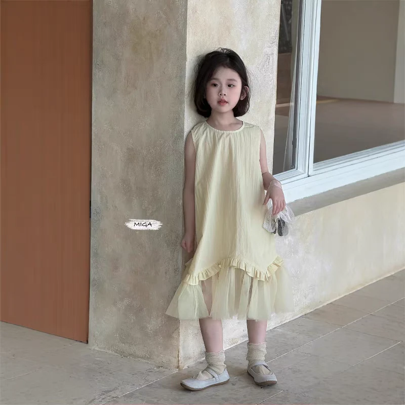 现货！超显白！新款女童拼接网纱连衣裙儿童无袖背心裙洋气鱼尾裙