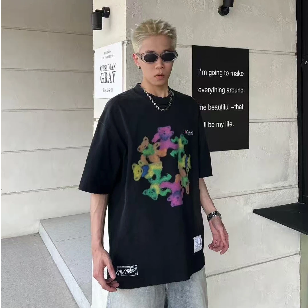 6568圆领爆裂字母彩虹熊短袖情侣夏季T恤设计感宽松港风潮流ins