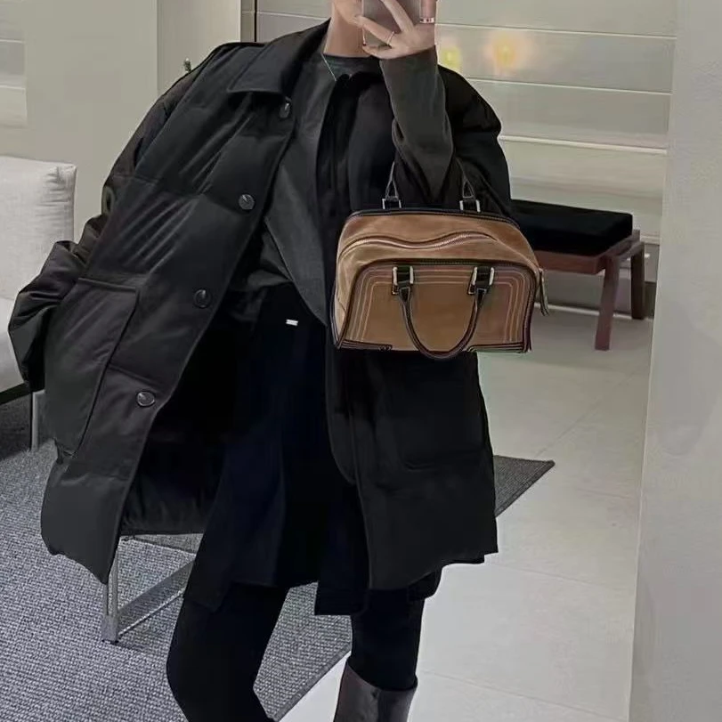 【五五定制】2024新款—冬季时尚厚款翻领纯色大口袋宽松羽绒服8598