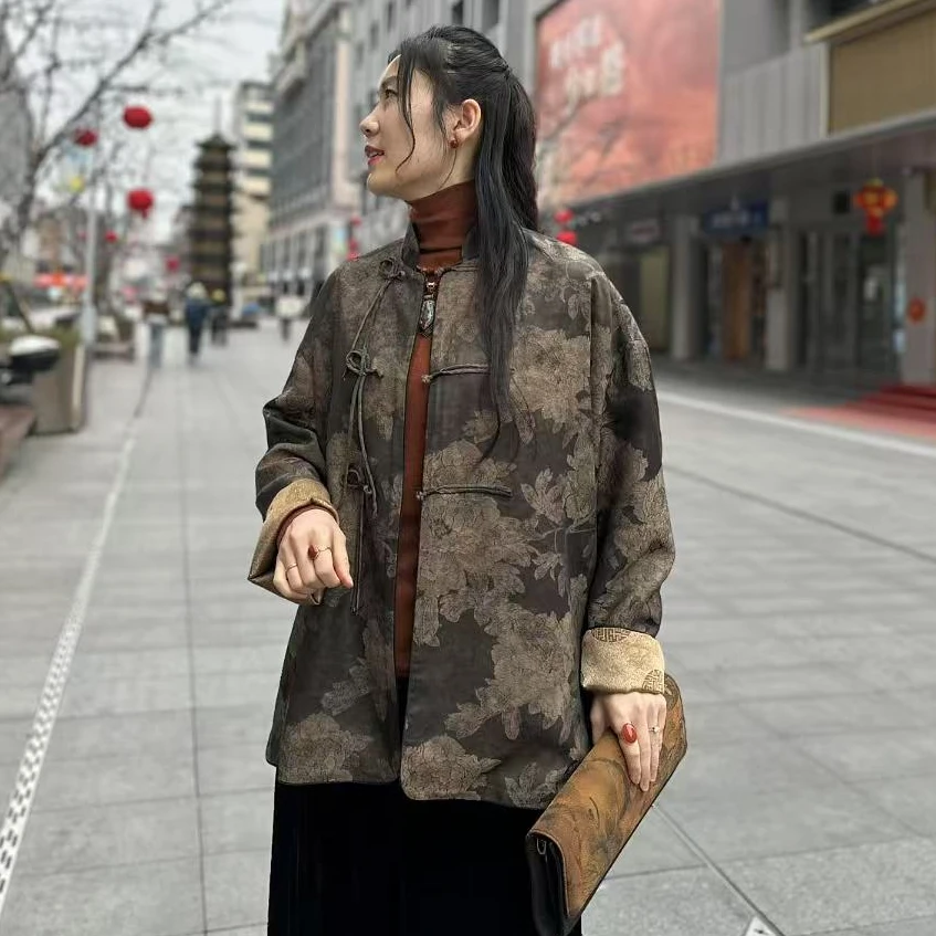 『芳菲』香云纱桑蚕丝复古国风新中式盘扣流苏立领外套（24117-1）