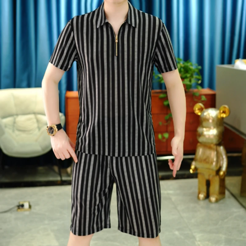 2025夏季男士欧货半袖翻领拉链竖条纹轻奢短袖T恤短裤TZ5195