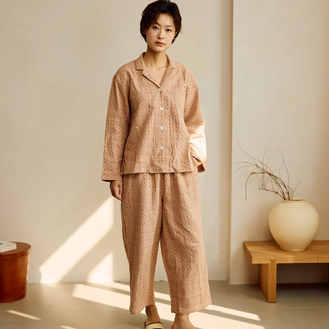 双层纱家居服 | 有斐家居科罗纳全棉母婴A类九分裤家居服色织提花
