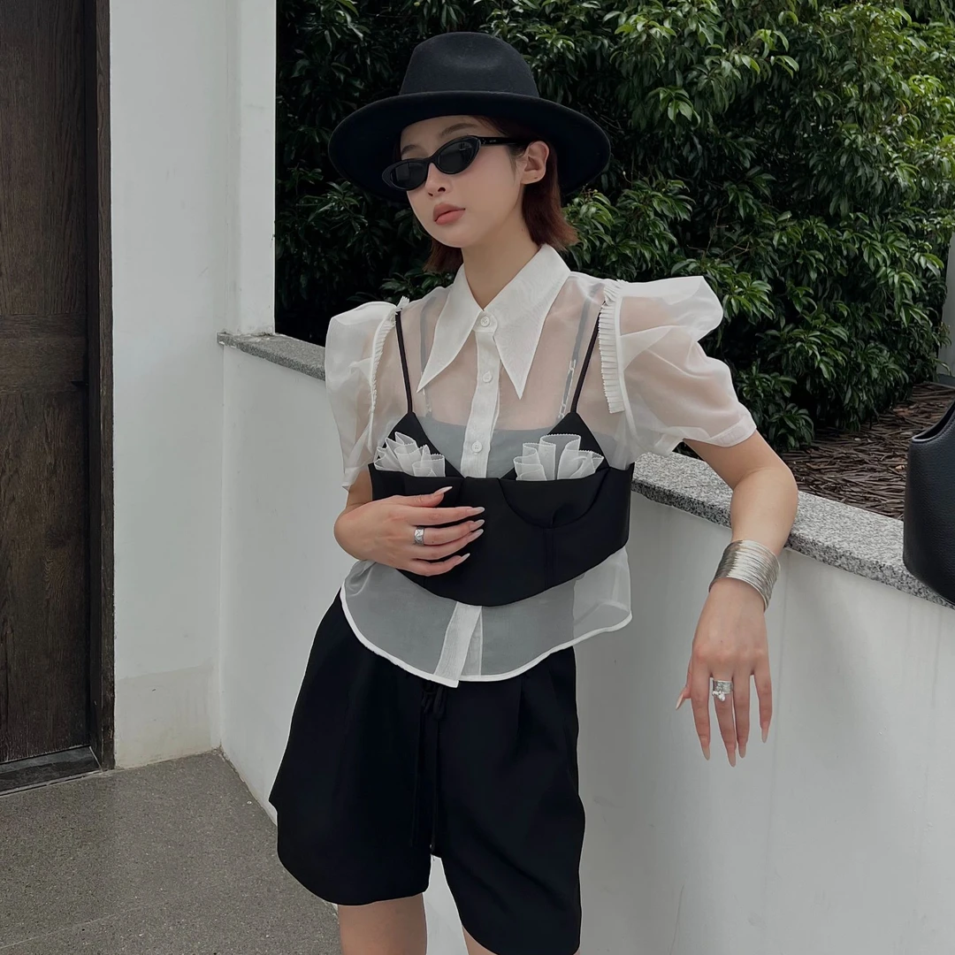 QIANJIE家｜春夏独立原创小众设计师半透蕾丝拼接短款衬衫46056
