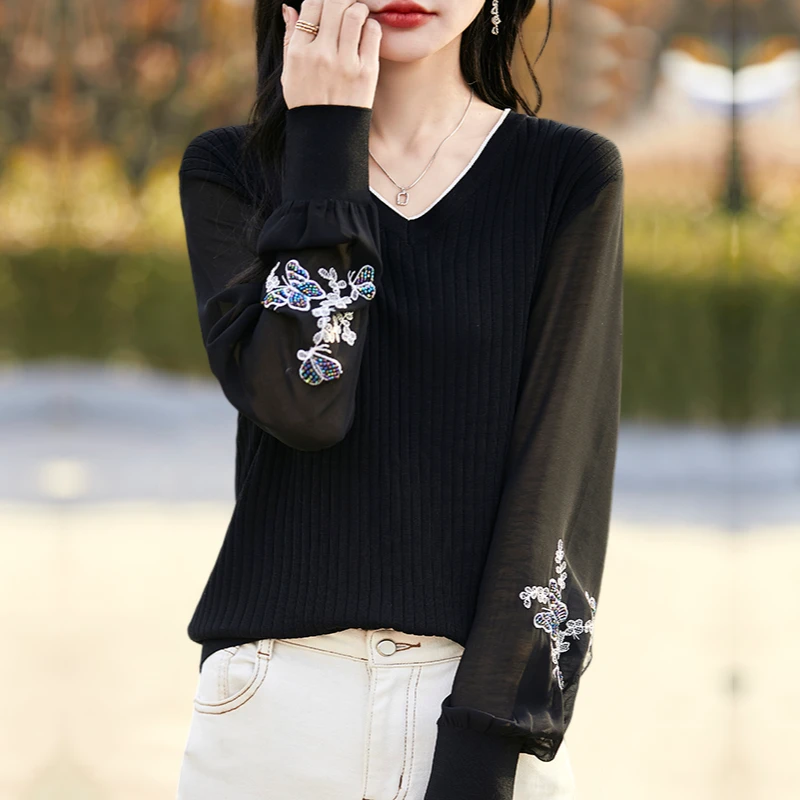 春装2025新款爆款大码女装针织衫显瘦洋气春秋V领上衣蕾丝打底衫