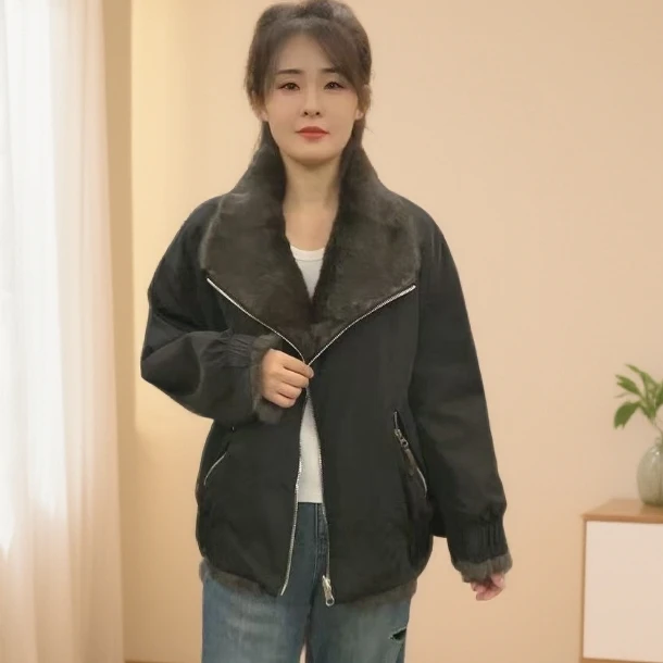 女加绒加厚款短款螺纹下摆派克服冬季加厚加绒毛领