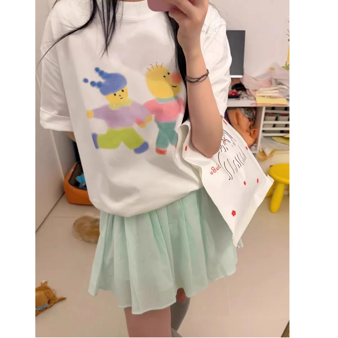 韩版小众纯棉短袖T恤女夏季涂鸦绘画印花宽松休闲圆领半袖上衣ins