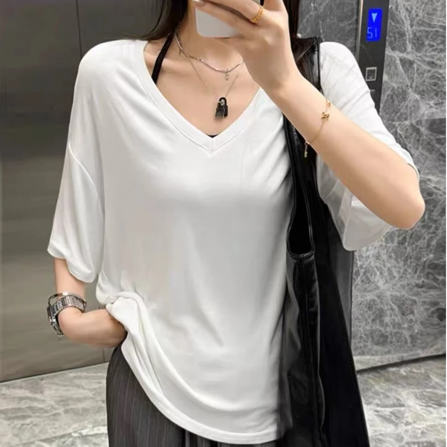 大V领水感T恤慵懒风短袖女显瘦大码宽松韩版新款夏季遮肉打底衫