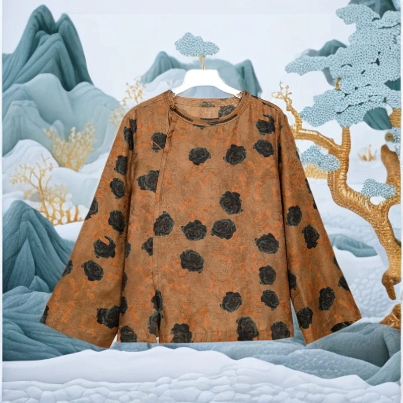 XN2025新款时尚国风橘底蓝牡丹花萝休闲百搭上衣24760