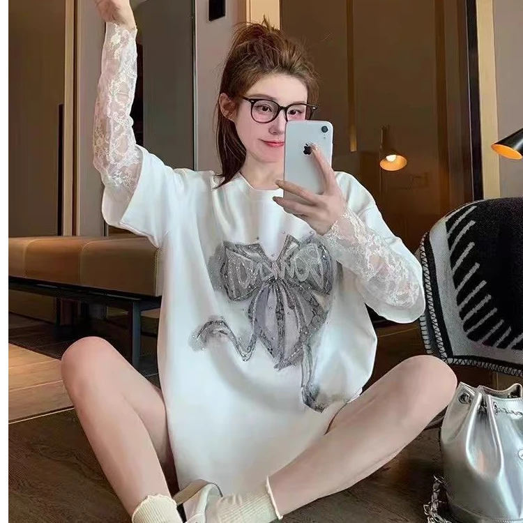 假两件短袖t恤女2025新款夏蕾丝拼接美式设计感欧货大版上衣2532J