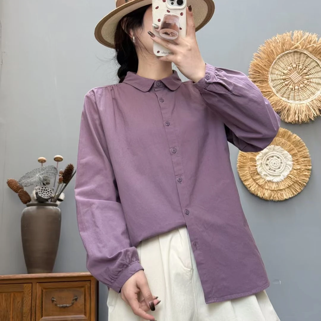 春秋新款复古文艺水洗棉圆角长袖衬衫女全棉休闲衬衣宽松显瘦上衣