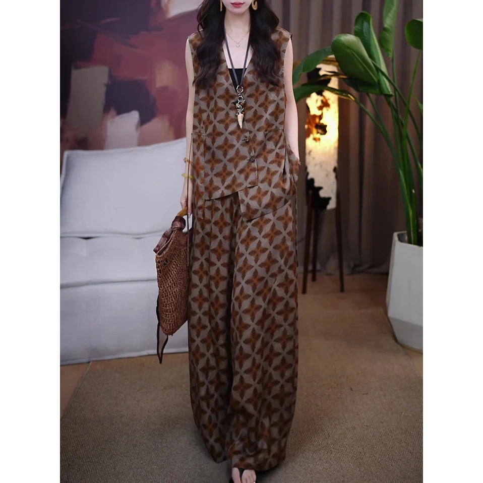 高奢新中式时尚套装女2025夏季新款文艺减龄显瘦马甲上衣+长裤