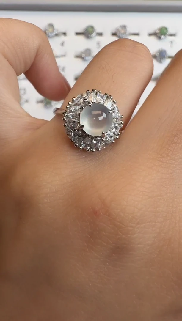 银S925镶嵌戒指翡翠通体925银镶缅甸A货翡翠戒指200