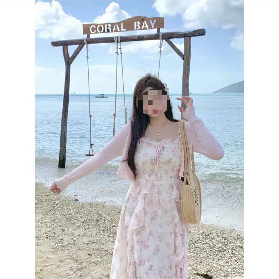 婷婷子【秘密花园】粉色碎花连衣裙女春季温柔气质收腰长款吊带裙