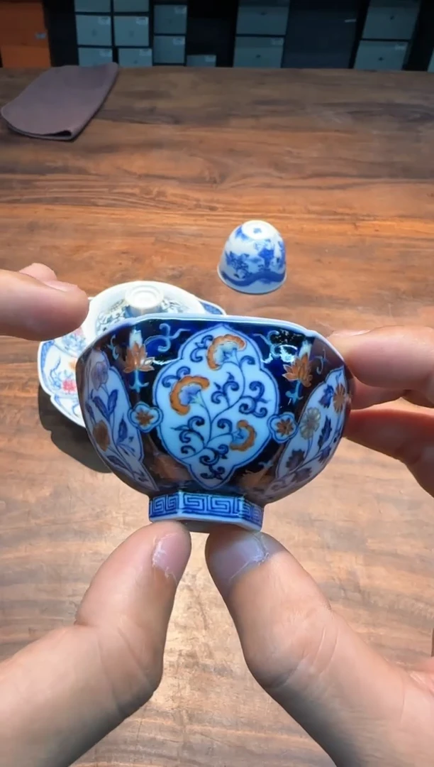 力*朴真堂 斗彩花卉 六方杯