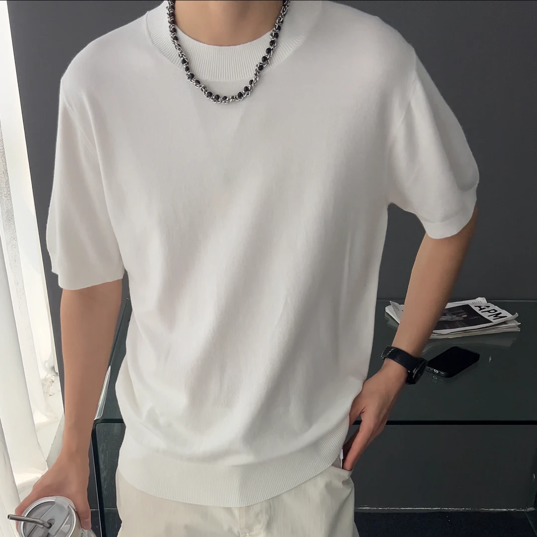 短袖男轻奢老钱风既视感混纺高弹高密仿澳绒正肩收腰型男针织短袖