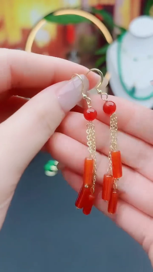 南红玛瑙银S925镶嵌耳饰704