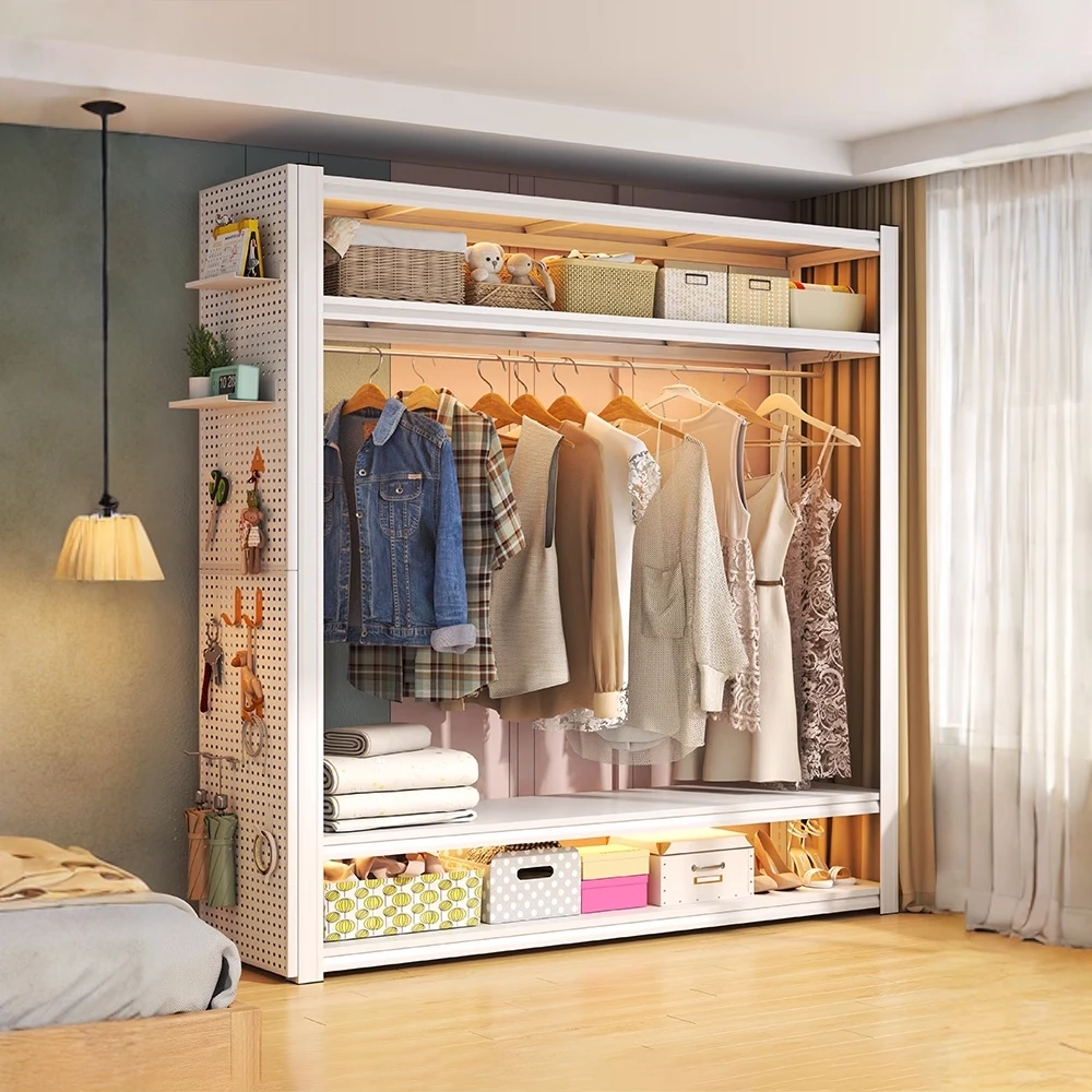 货架衣柜卧室家用防尘置物架出租房开放式落地挂衣架金属角钢衣橱