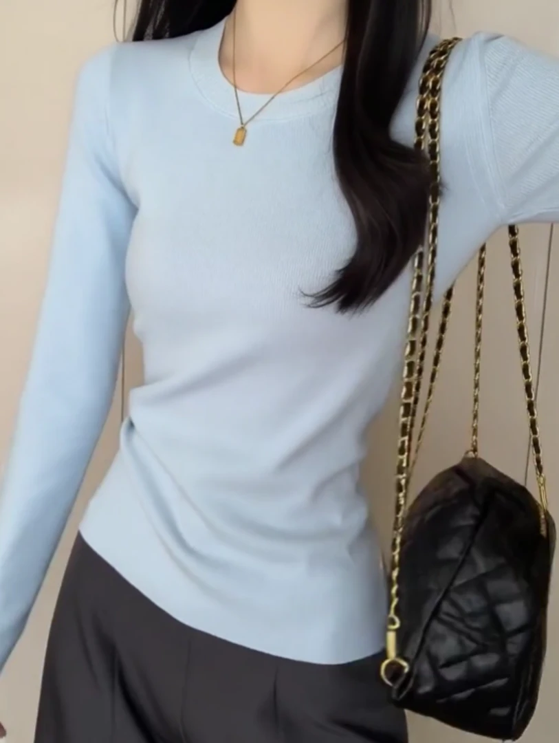 韩系减龄内搭上衣简约修身毛衣针织打底衫2025春季秋冬浅蓝色上衣