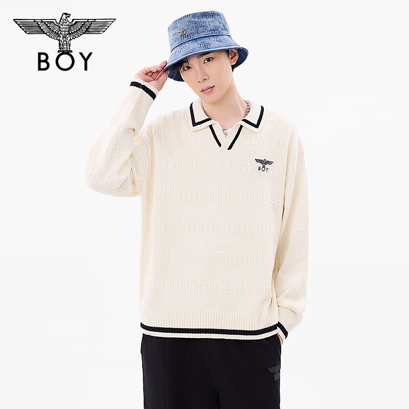 BOYLONDON秋24新品男女同款毛衣凹凸字母满印学院风针织衫 N60028