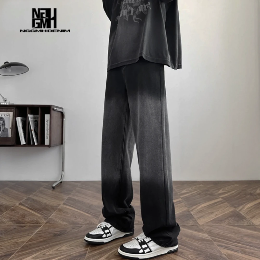 NGGMH黑色渐变牛仔裤水洗男高街美式vibe潮牌直筒宽松潮流牛仔裤