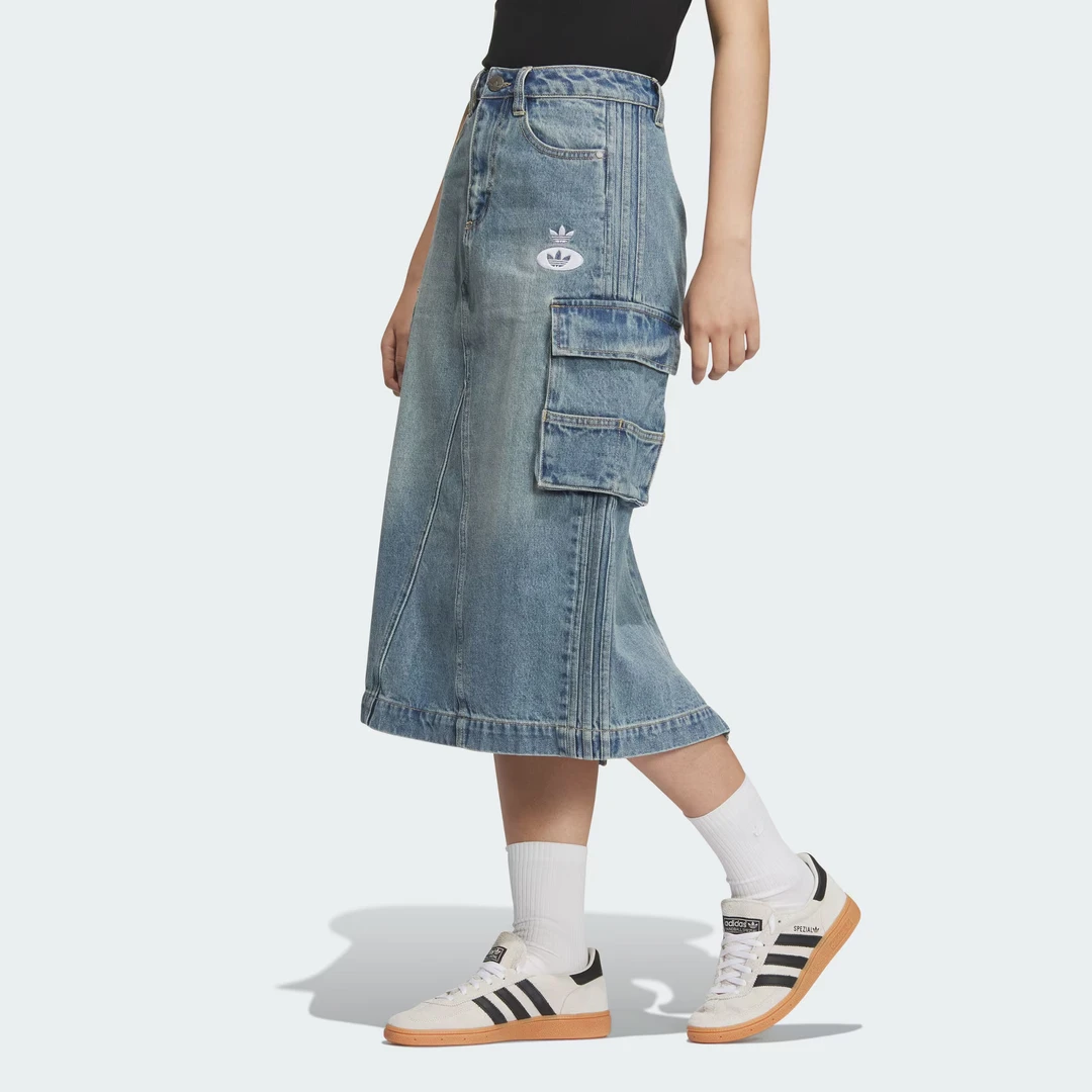 adidas三叶草RACDENIMSKIRT 纯棉工装风牛仔运动宽松短裙JM8036