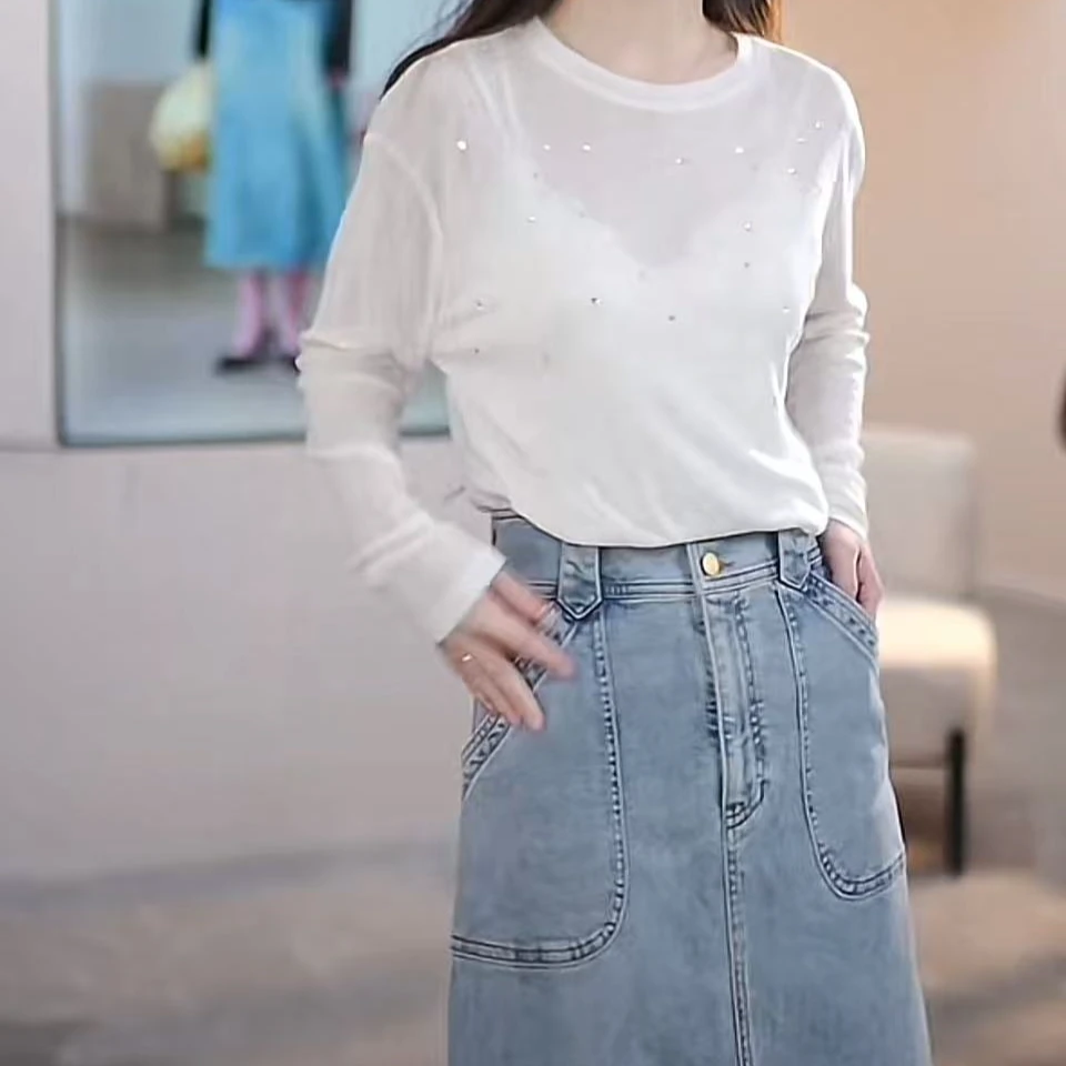 微透防晒衫莱赛尔含绵羊毛纯色白色带钻上衣Y313309867
