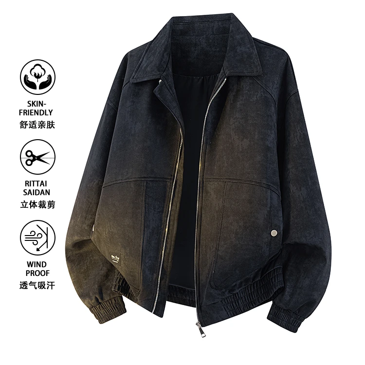 春秋夹克男士鹿皮绒翻领美式港风宽松机车复古潮牌外套