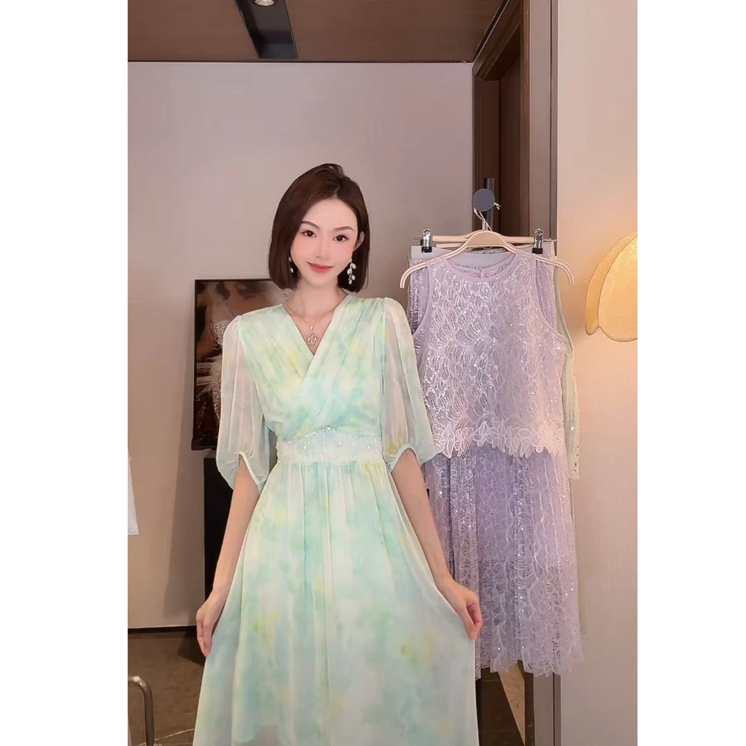 TUZI【薄荷奶绿】新款浪漫温柔风飘逸超仙收腰连衣裙XS41033