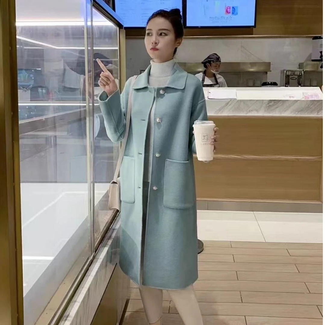 【TD】双面羊绒大衣2024新款秋冬高端显瘦牛角扣长款羊毛呢外套7809