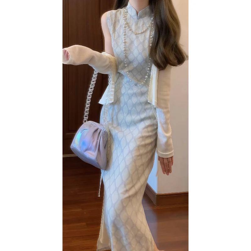 【清风】复古优雅明国风团花改良旗袍连衣裙无袖长款&防晒开衫9182