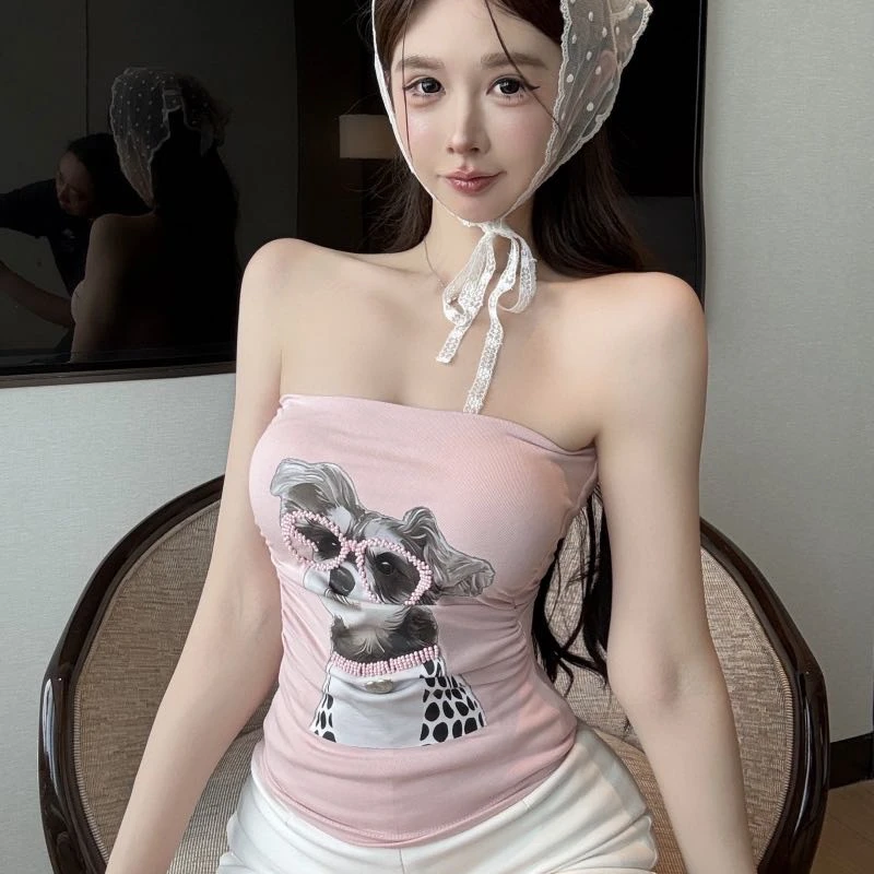 【带胸垫】美式复古钉珠小狗印花设计感抹胸背心女夏季别致吊带