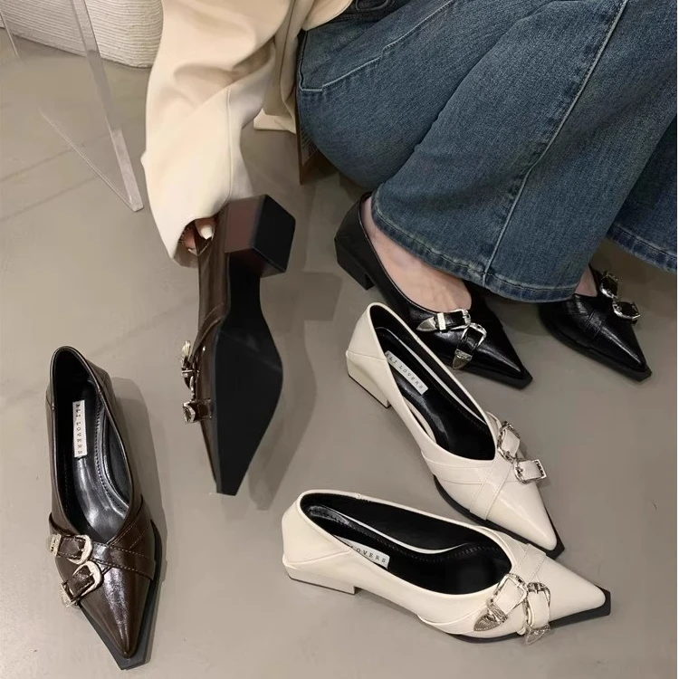 牛皮版~法式尖头单鞋女配裙子粗跟玛丽珍女鞋2025新款春秋小皮鞋