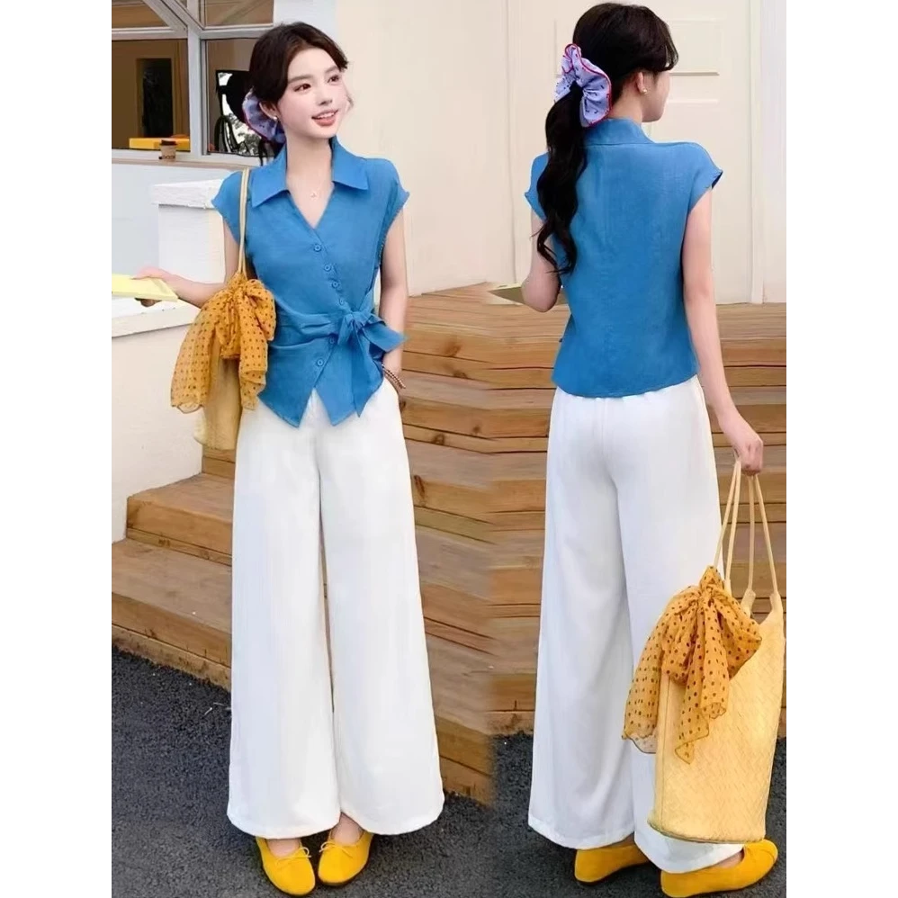 时尚套装女夏装2025新款短袖洋气收腰衬衫搭阔腿休闲裤免搭两件套