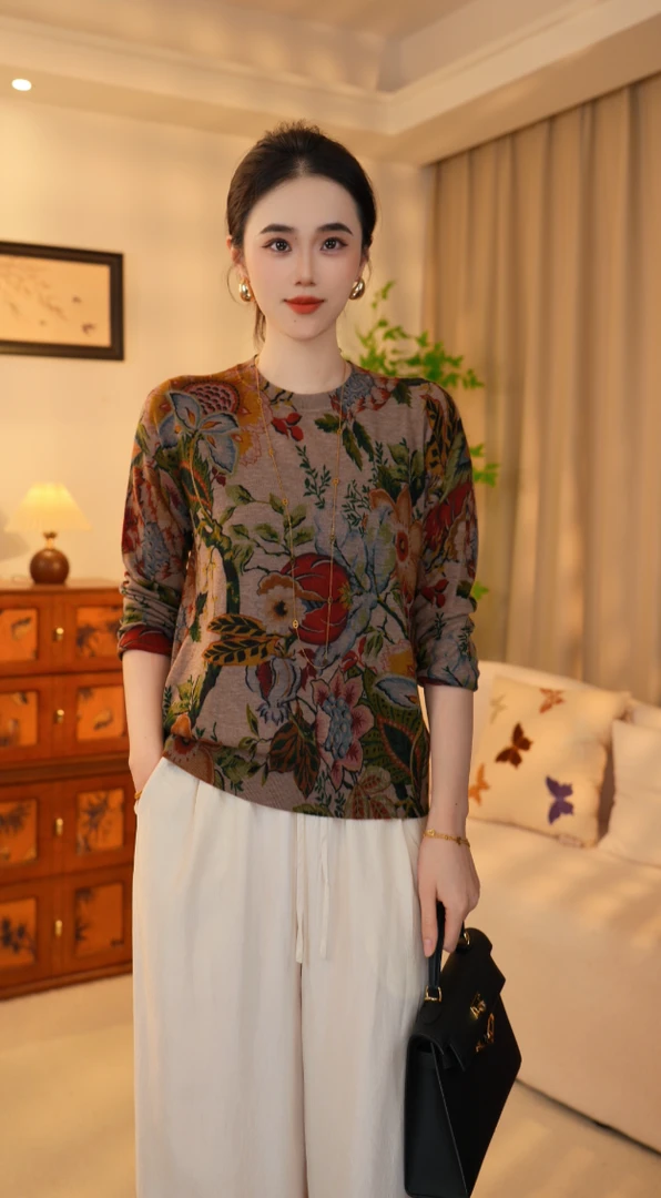 加厚保暖羊毛【向日葵】圆领长袖常规针织宽松气质秋季印花百搭宽松